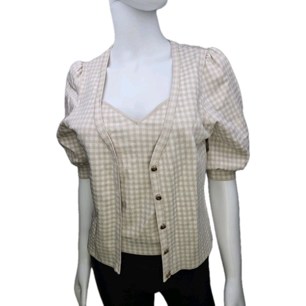 WHBM Cardigan Tank Set Gingham Tan White Plaid‎ Large L Puff Sleeve Cottagecore